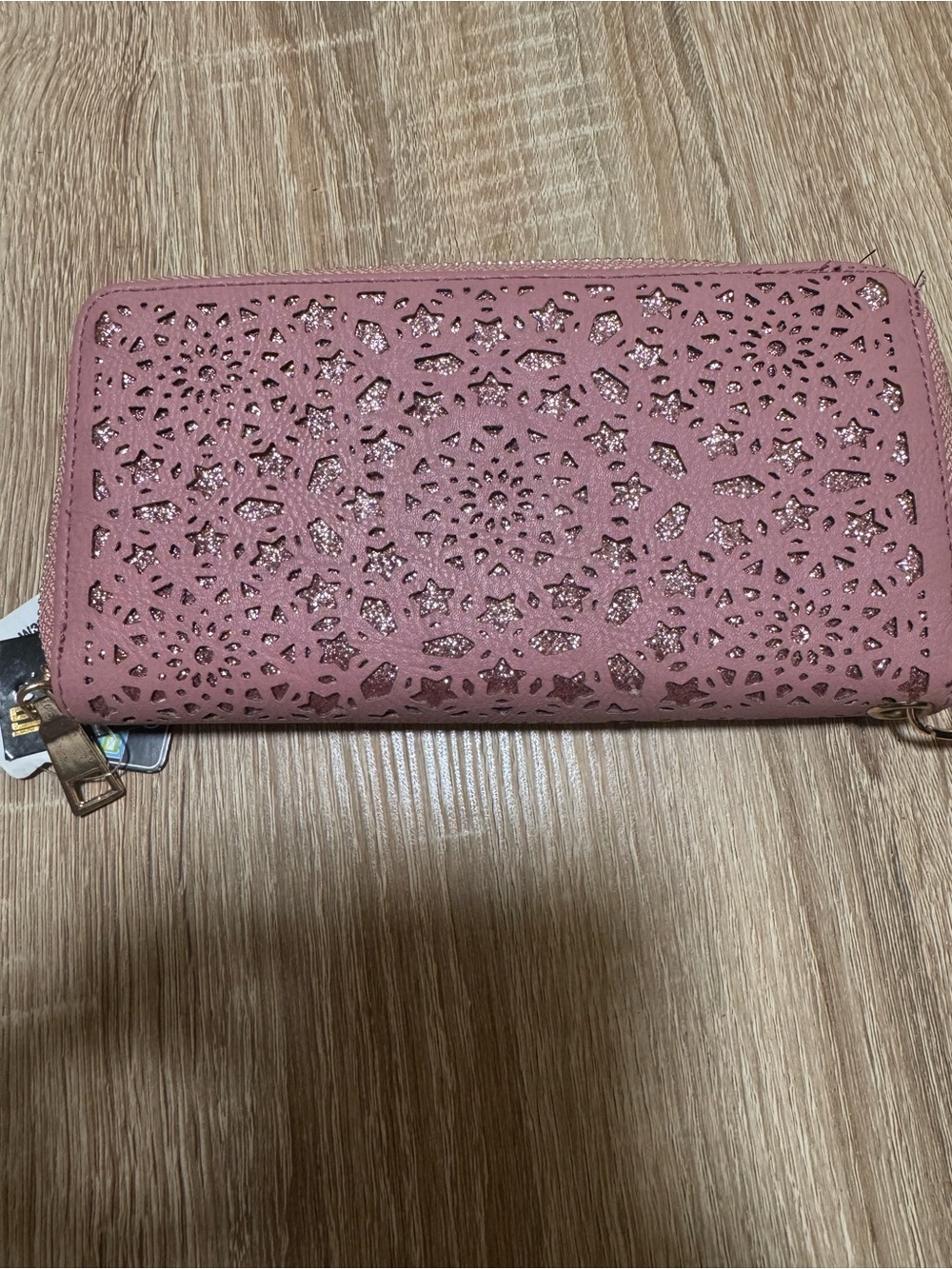 Zip-Around Pink Laser-Cut Wallet with Glitter Underlay